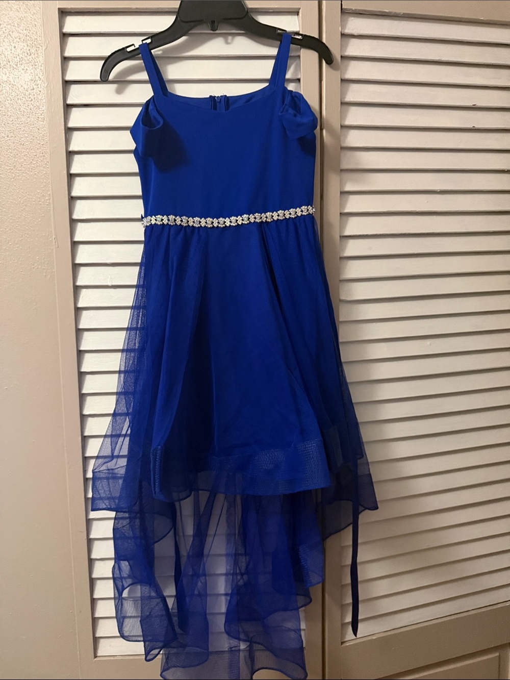 Girls Royal Blue Hi-Low Tulle Party Dress with Rhinestone Waist